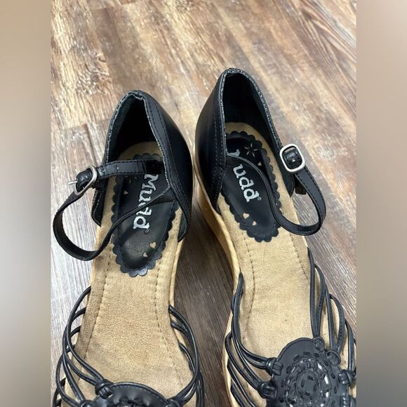 Mudd Y2K Cork Wedge Sandals Heels Size 9.5 Black/Tan Summer Vacation Beach - Picture 7 of 11